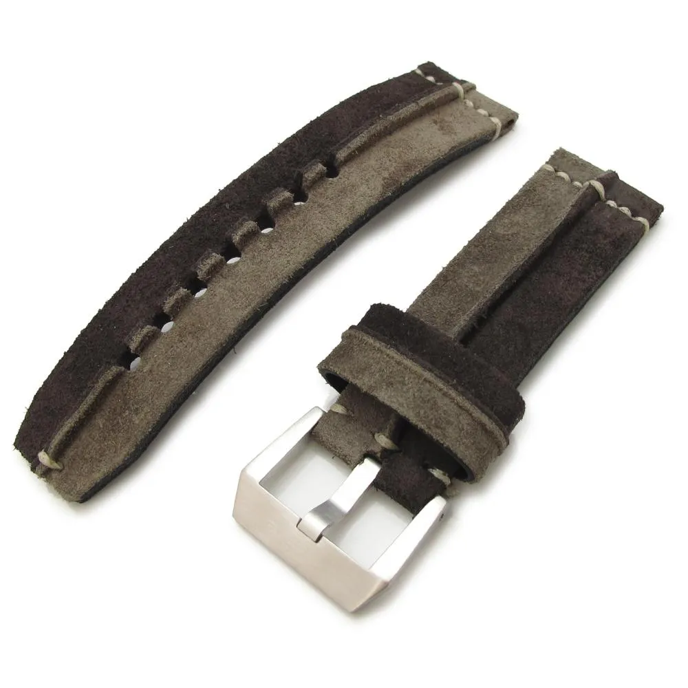 24mm MiLTAT Khaki   D Brown Ridge Design Suede watch strap, Beige Hand Stitch