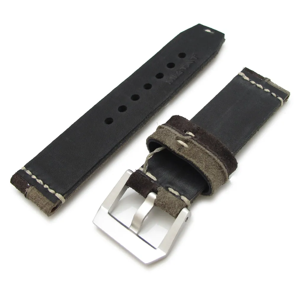 24mm MiLTAT Khaki   D Brown Ridge Design Suede watch strap, Beige Hand Stitch