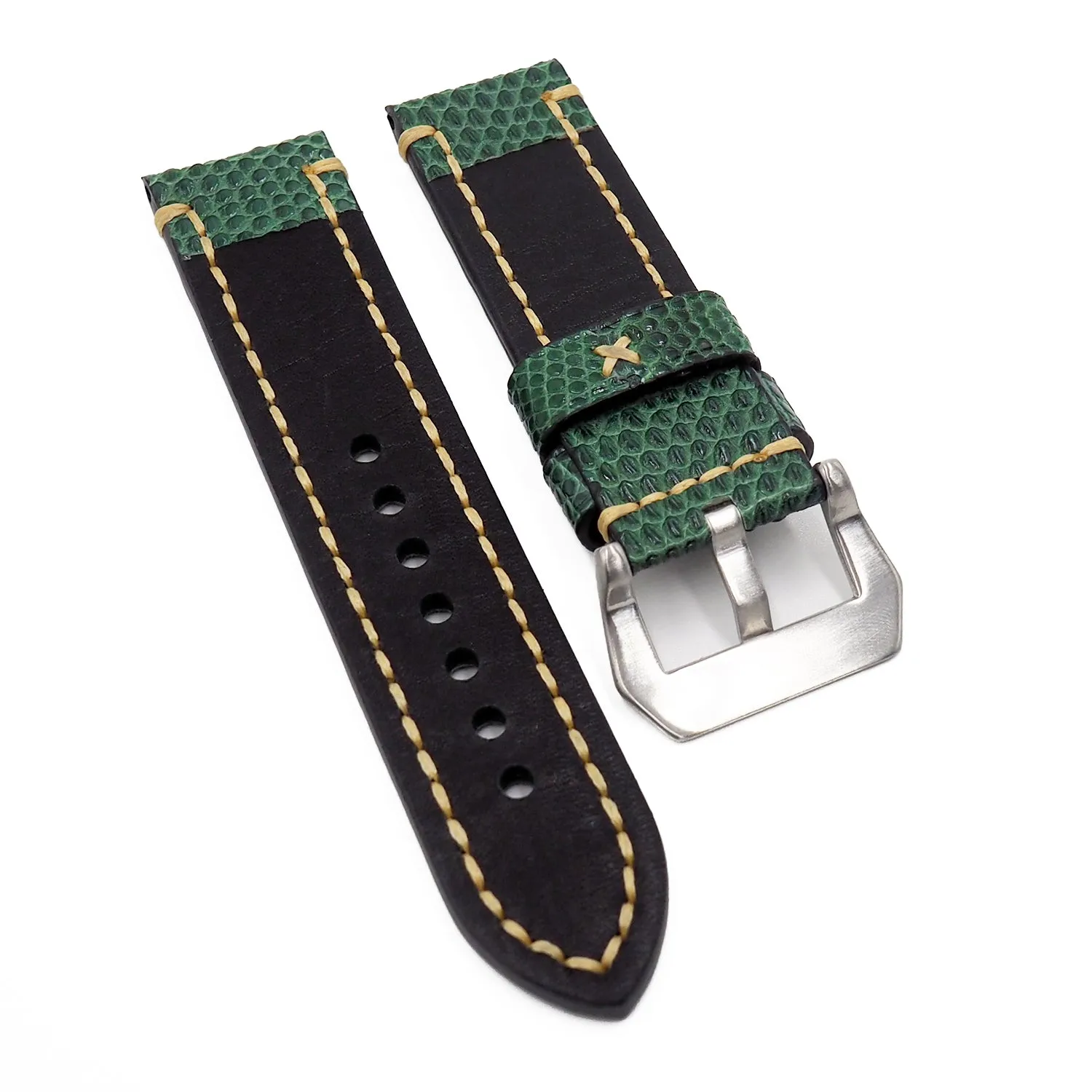 24mm Sea Green Waxed Lizard Leather Watch Strap, Wide Stitching