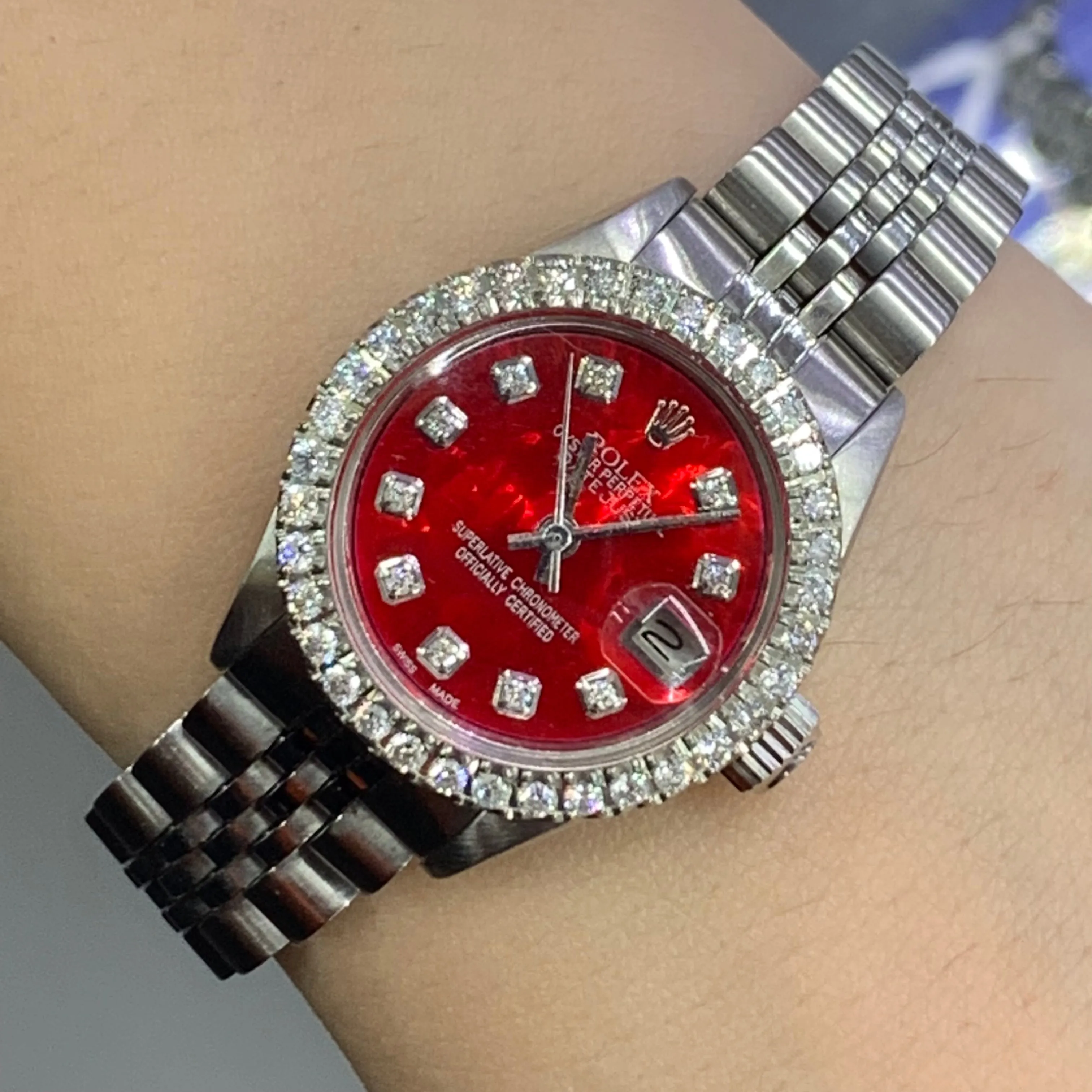 26mm Ladies` Rolex Datejust Watch with Stainless Steel Jubilee Bracelet (red mother of pearl (MOP)dial with diamonds)