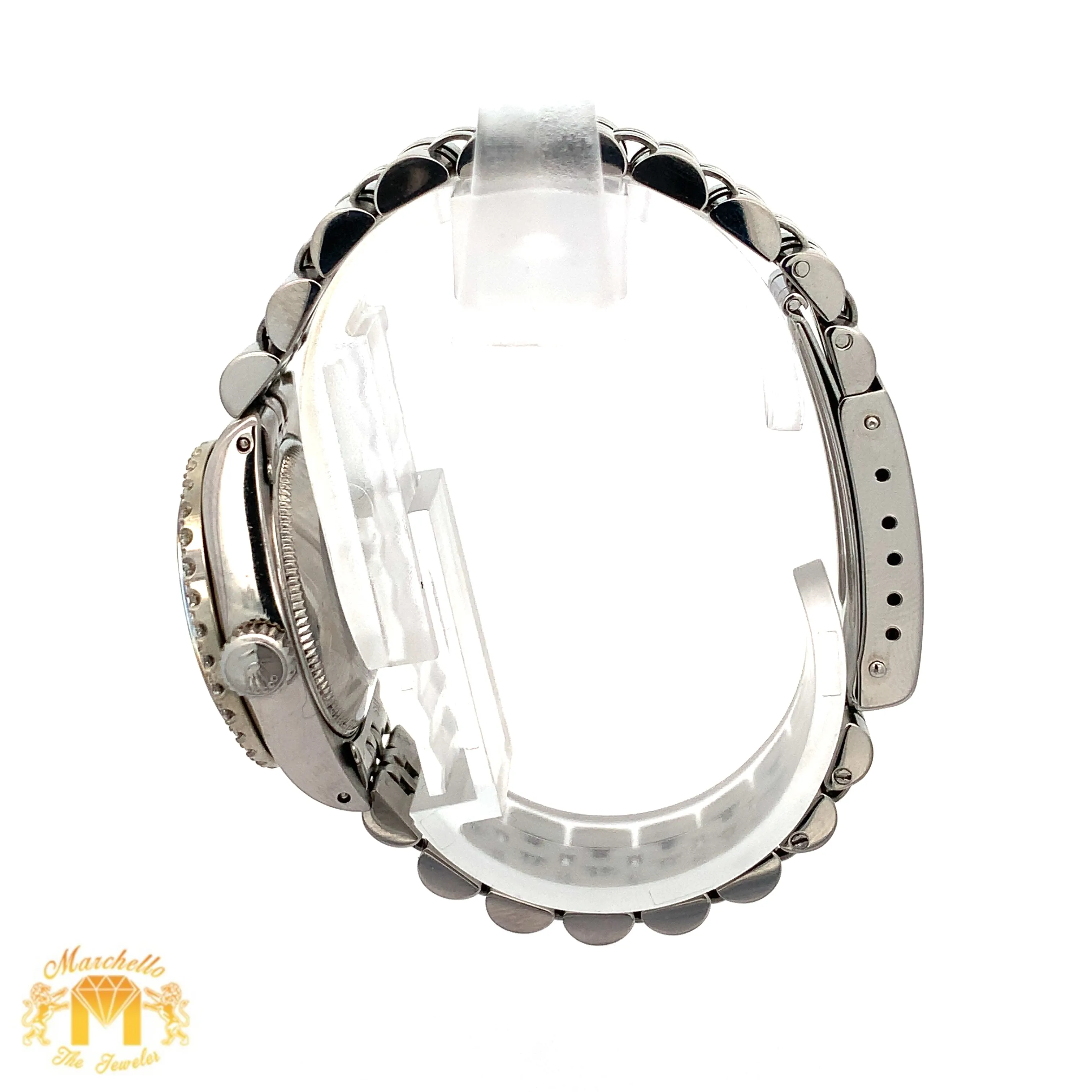 26mm Ladies` Rolex Datejust Watch with Stainless Steel Jubilee Bracelet (red mother of pearl (MOP)dial with diamonds)