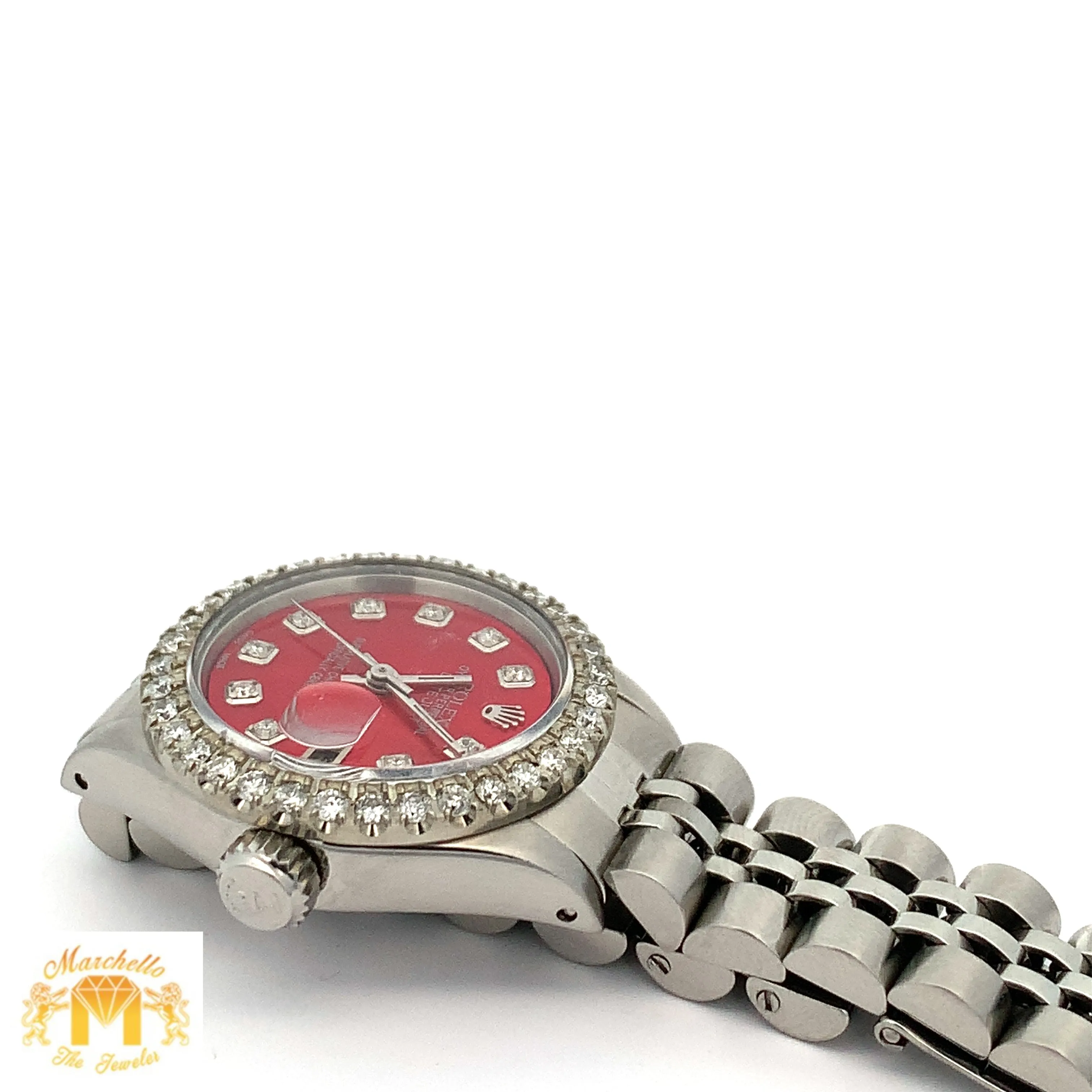 26mm Ladies` Rolex Datejust Watch with Stainless Steel Jubilee Bracelet (red mother of pearl (MOP)dial with diamonds)