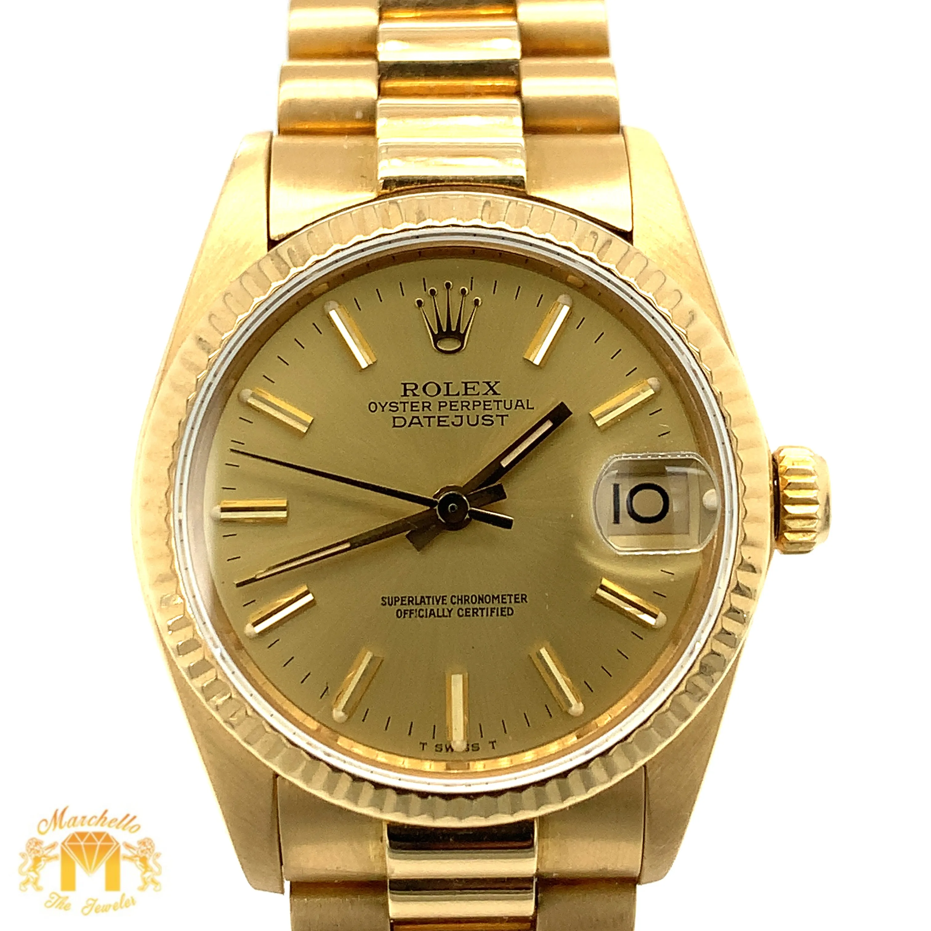 31mm 18k Yellow Gold Rolex Presidential Datejust Watch (fluted bezel)