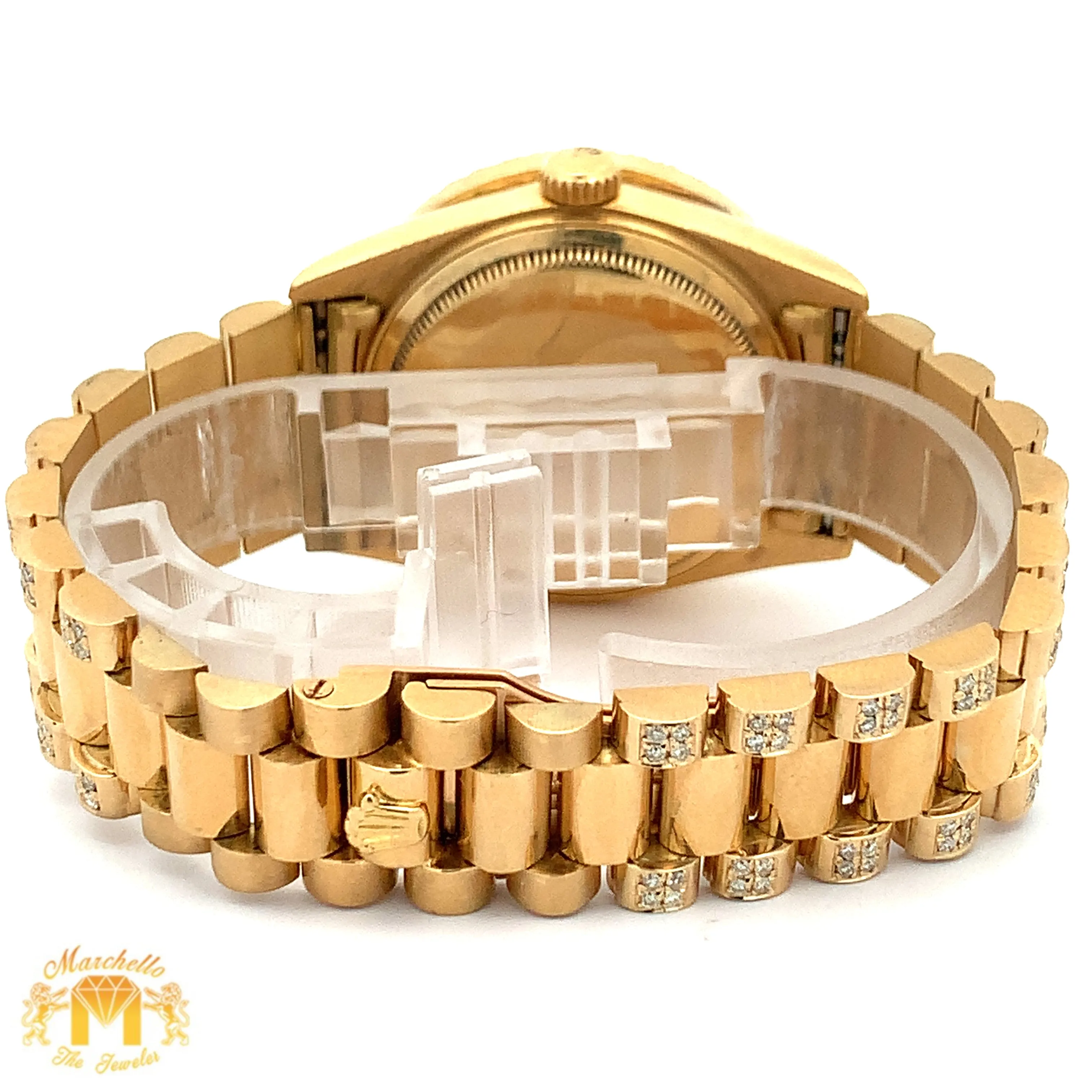 36mm 18k Yellow Gold Rolex Day-Date Diamond Watch (blue dial, quick-set)