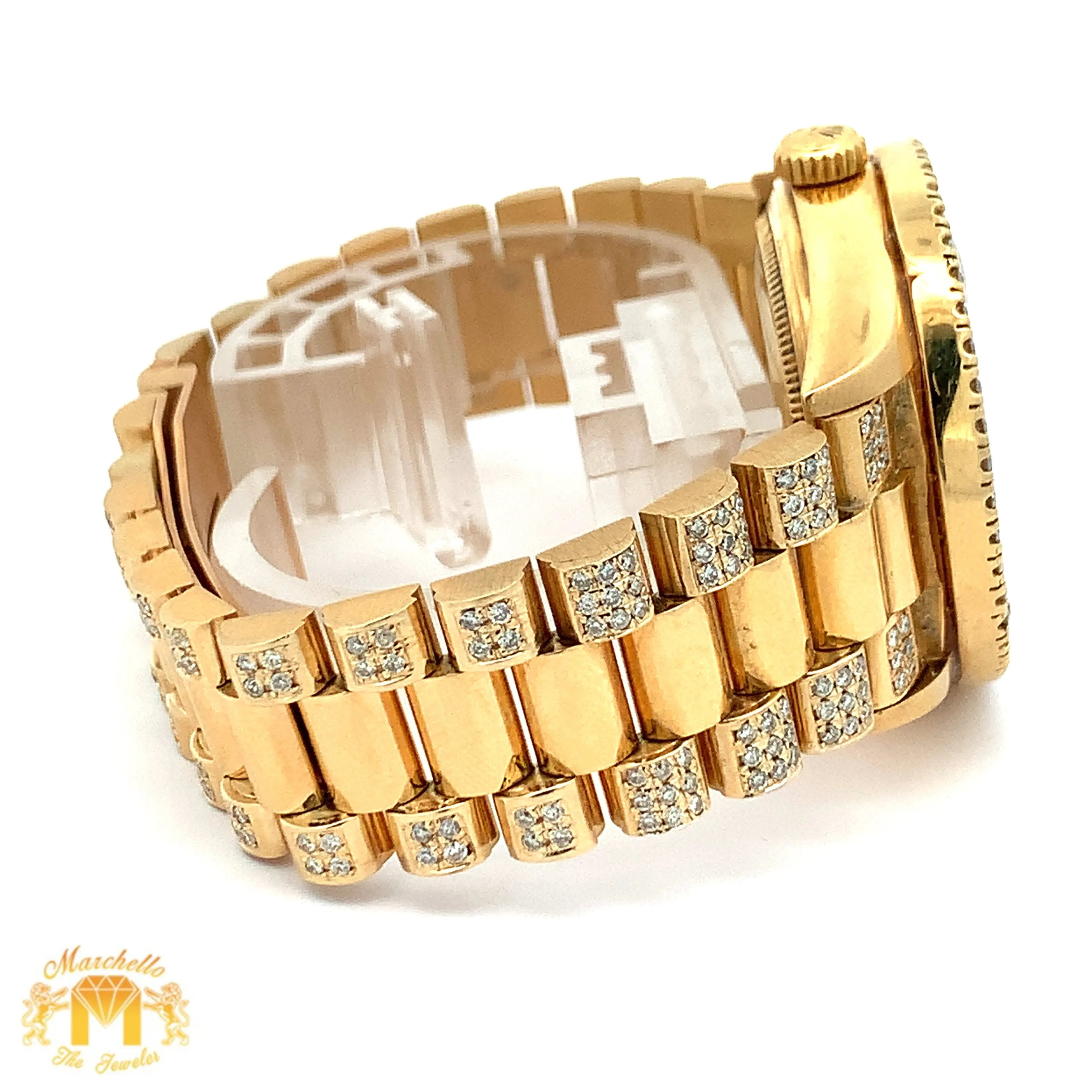 36mm 18k Yellow Gold Rolex Day-Date Diamond Watch (blue dial, quick-set)