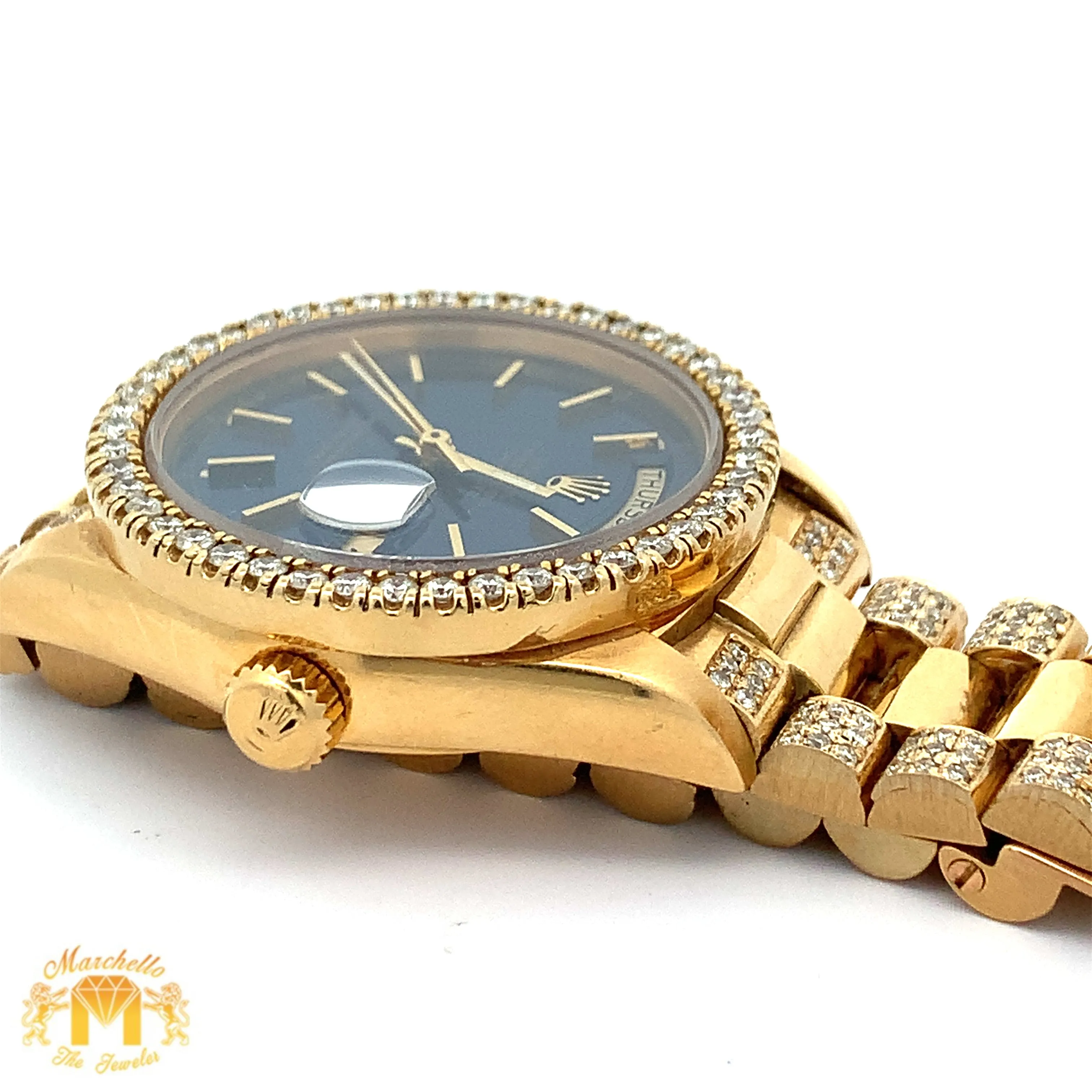 36mm 18k Yellow Gold Rolex Day-Date Diamond Watch (blue dial, quick-set)