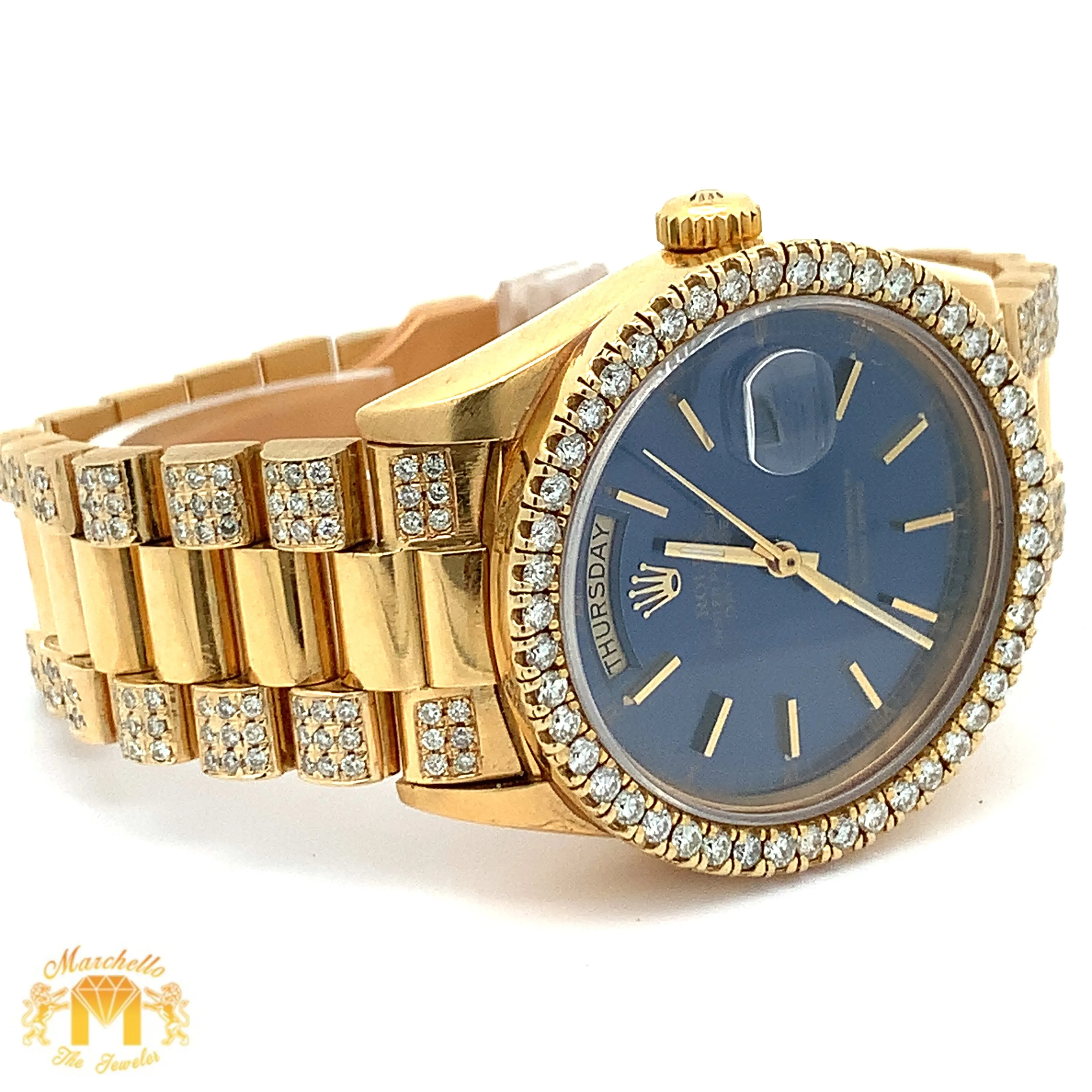 36mm 18k Yellow Gold Rolex Day-Date Diamond Watch (blue dial, quick-set)