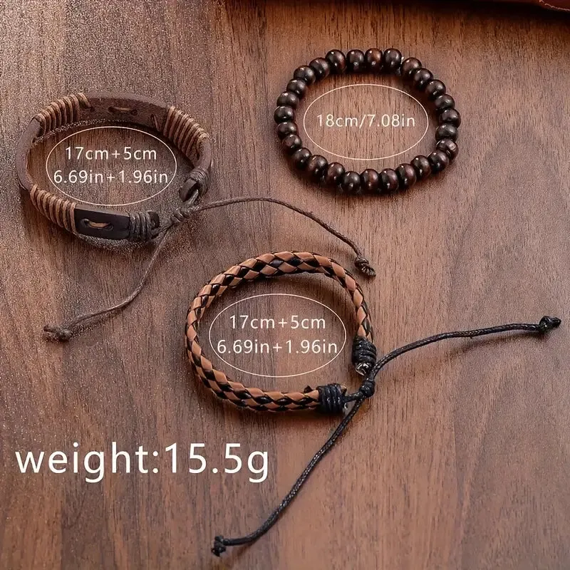 4-Pieces: Men's Fashion Brown Faux Leather Quartz Watch & Bracelet Set