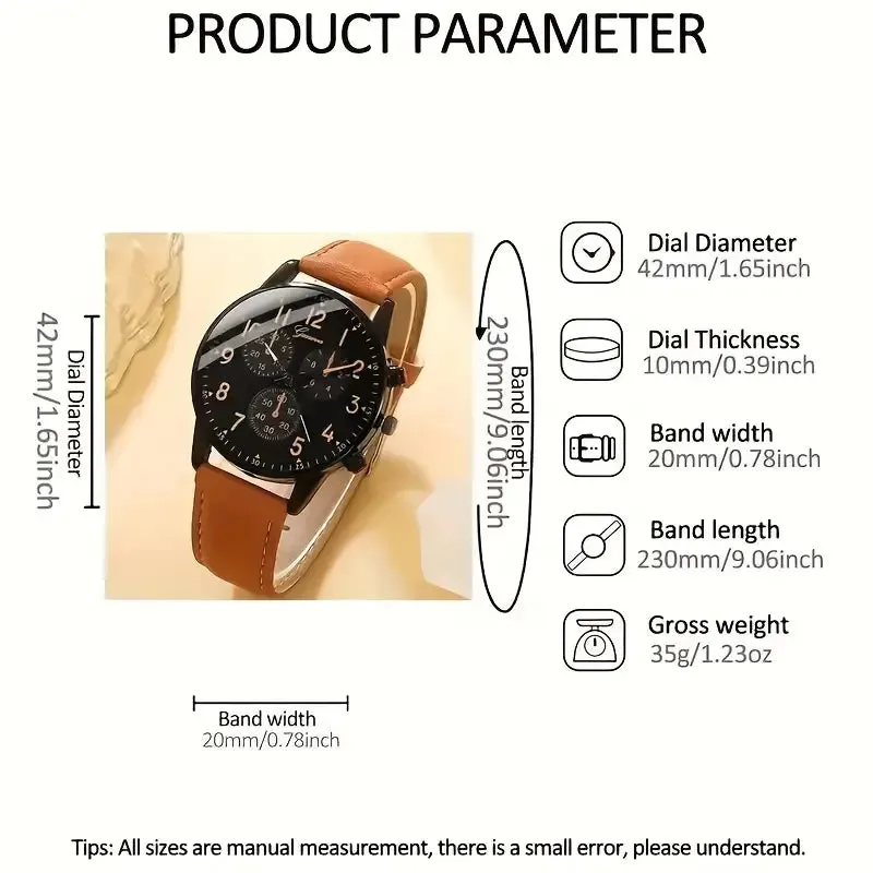 4-Pieces: Men's Fashion Brown Faux Leather Quartz Watch & Bracelet Set