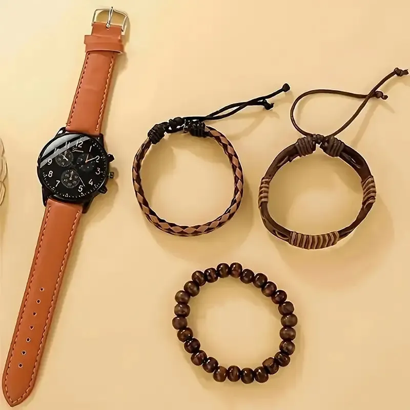 4-Pieces: Men's Fashion Brown Faux Leather Quartz Watch & Bracelet Set