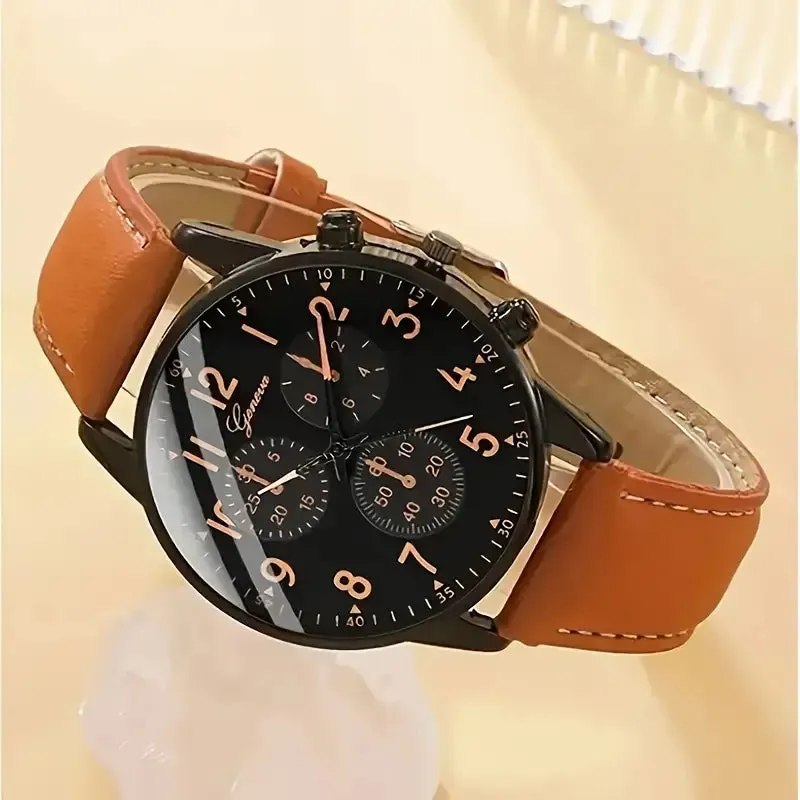 4-Pieces: Men's Fashion Brown Faux Leather Quartz Watch & Bracelet Set