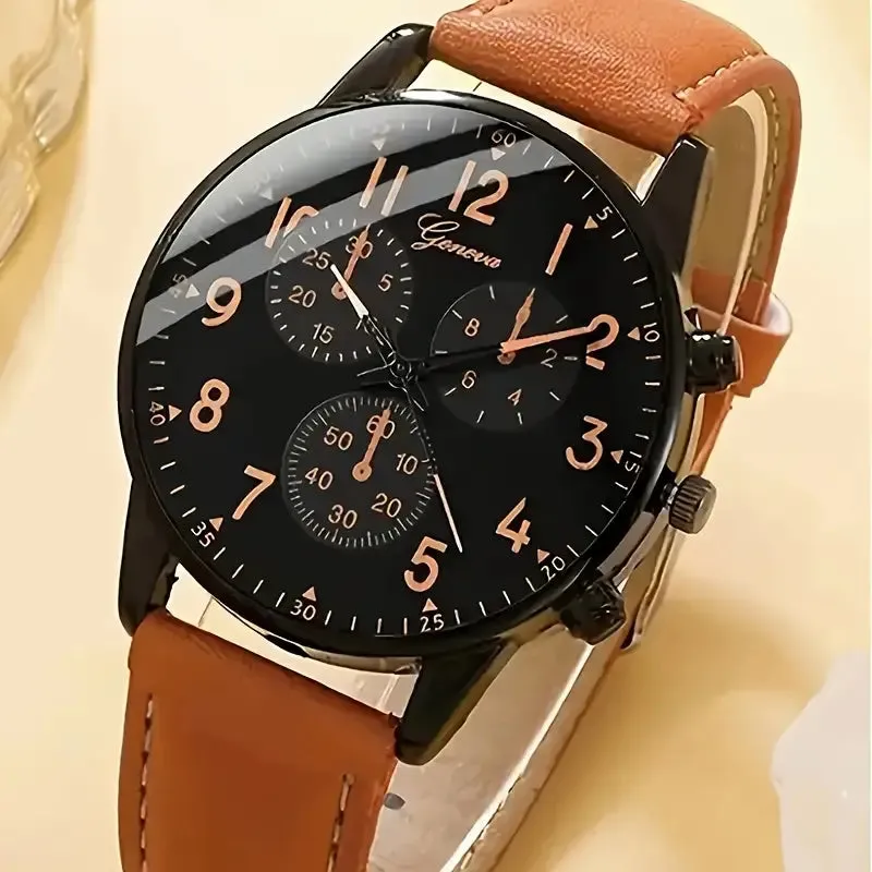 4-Pieces: Men's Fashion Brown Faux Leather Quartz Watch & Bracelet Set