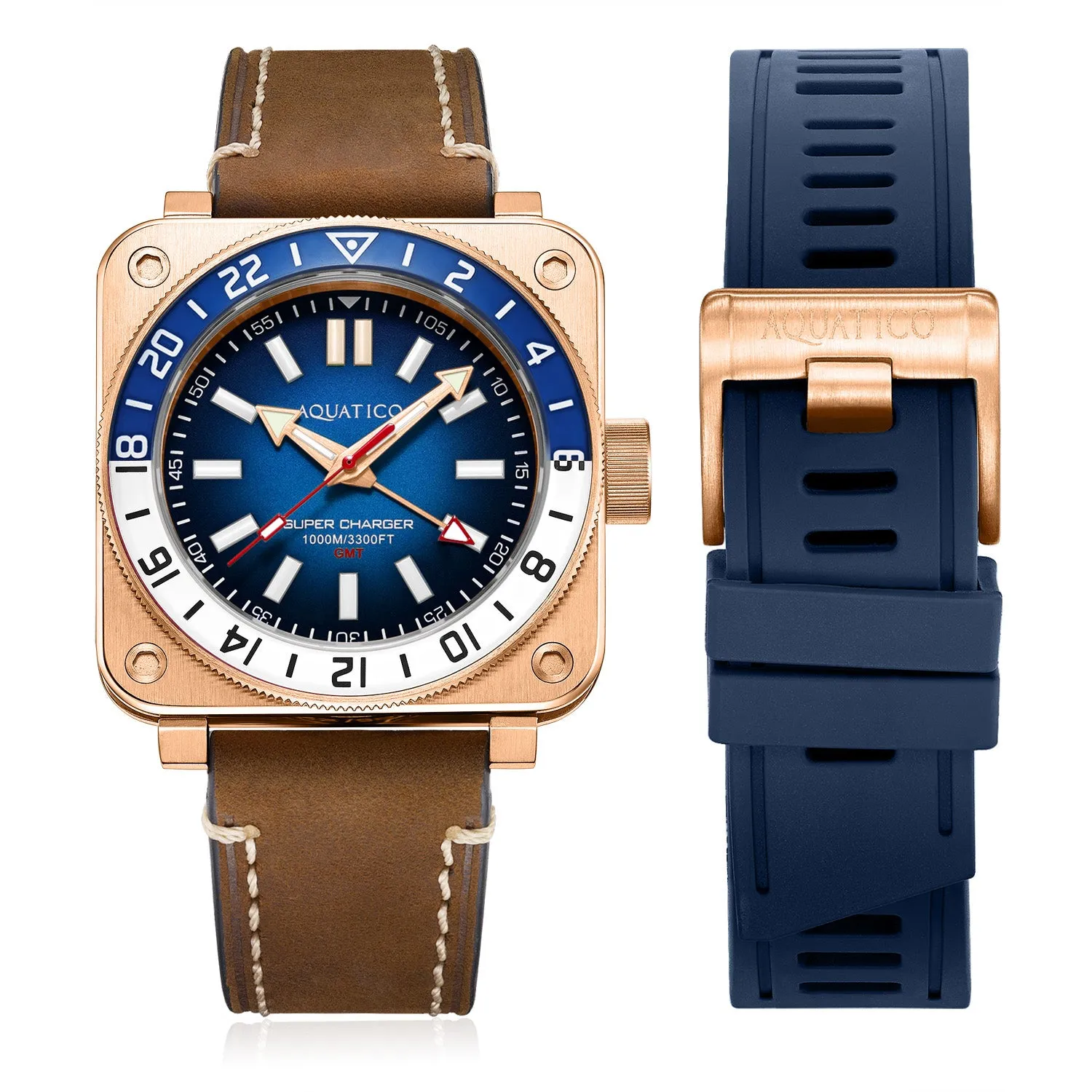 Aquatico Super Charger GMT Watch (Blue Dial Blue/White Bezel) NO DATE