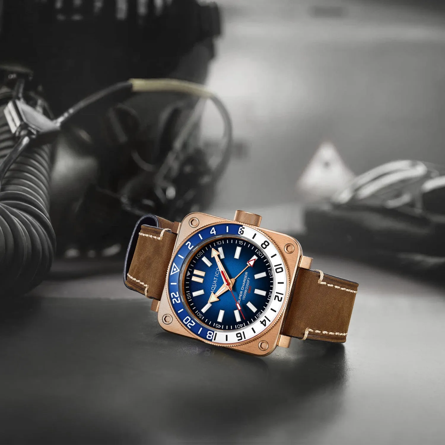 Aquatico Super Charger GMT Watch (Blue Dial Blue/White Bezel) NO DATE