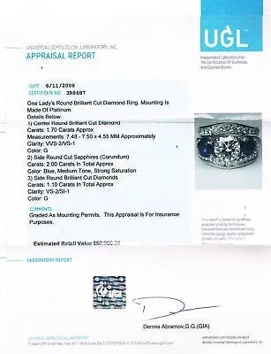 Brilliant Cut Diamond & Sapphire Ring in Platinum Mounting - $50K VALUE