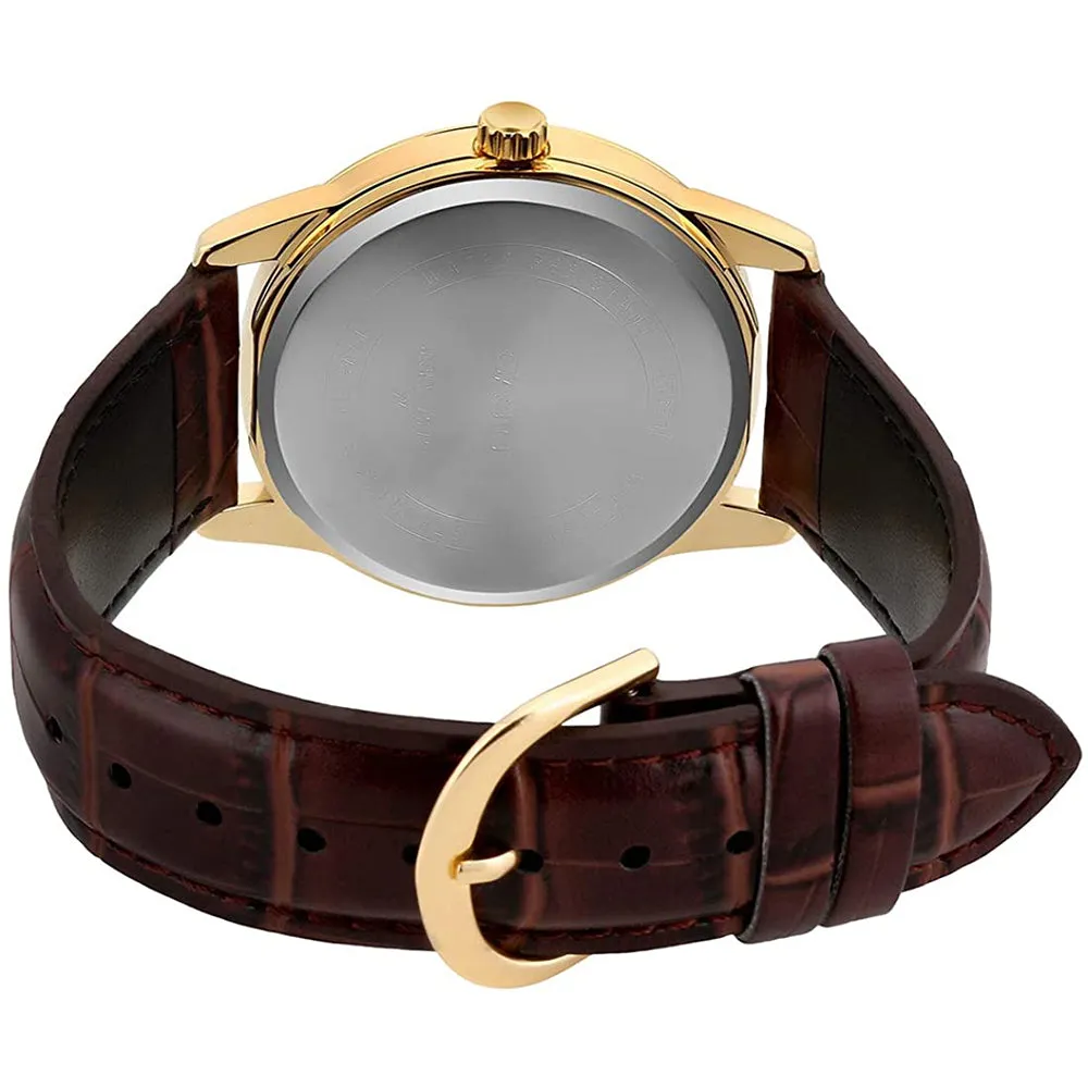 Casio Mens Brown Leather Strap Easy Reader Gold Dial Analog Quartz Watch - MTP-V001GL-9BUDF