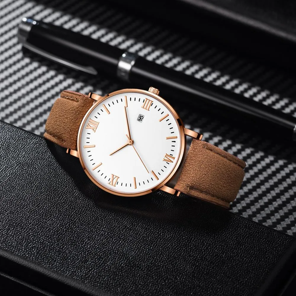 Flavio Classic Elegant Watch with White Dial and Brown Belt