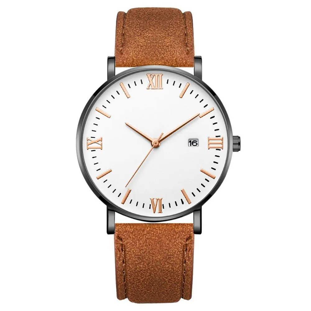 Flavio Classic Elegant Watch with White Dial and Brown Belt