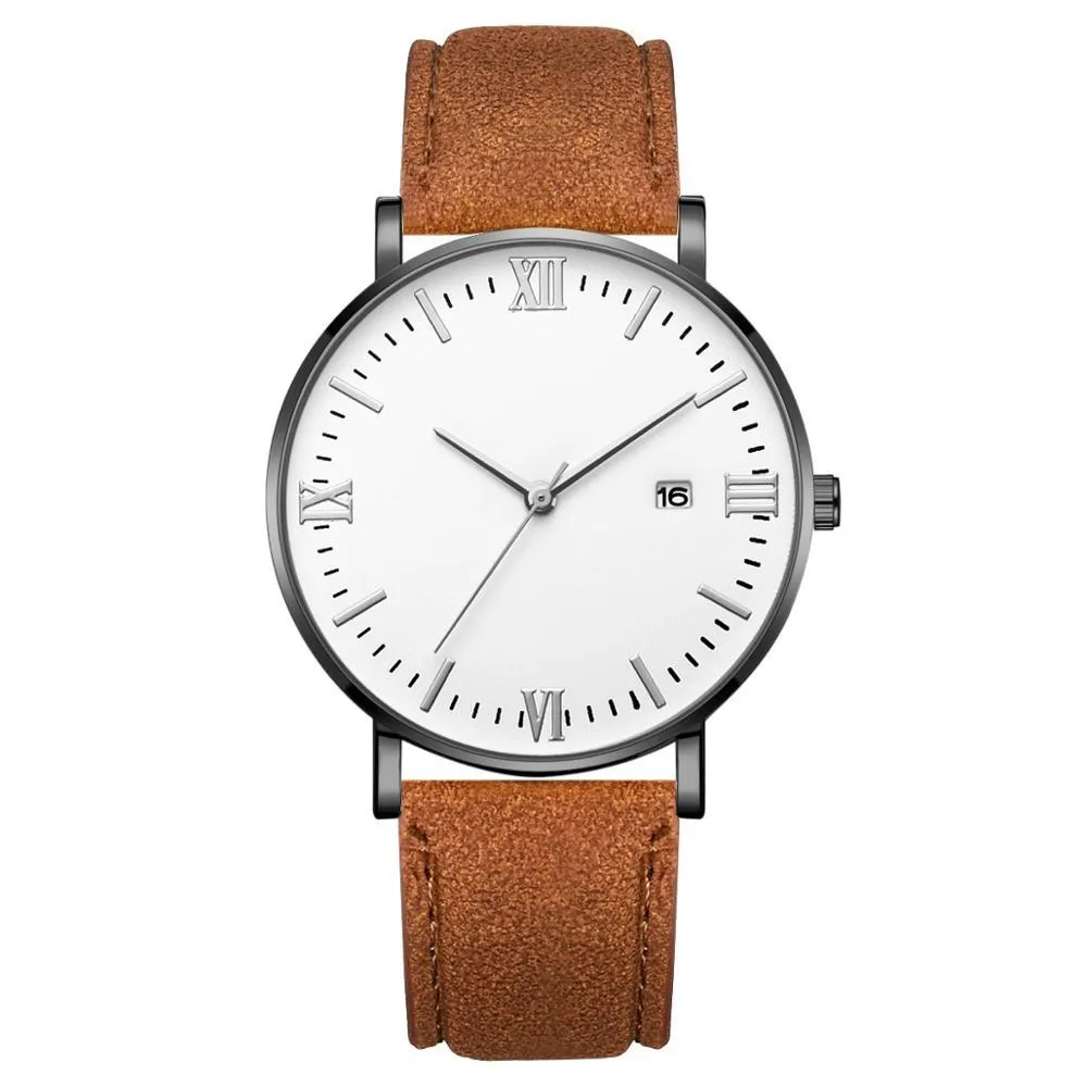 Flavio Classic Elegant Watch with White Dial and Brown Belt