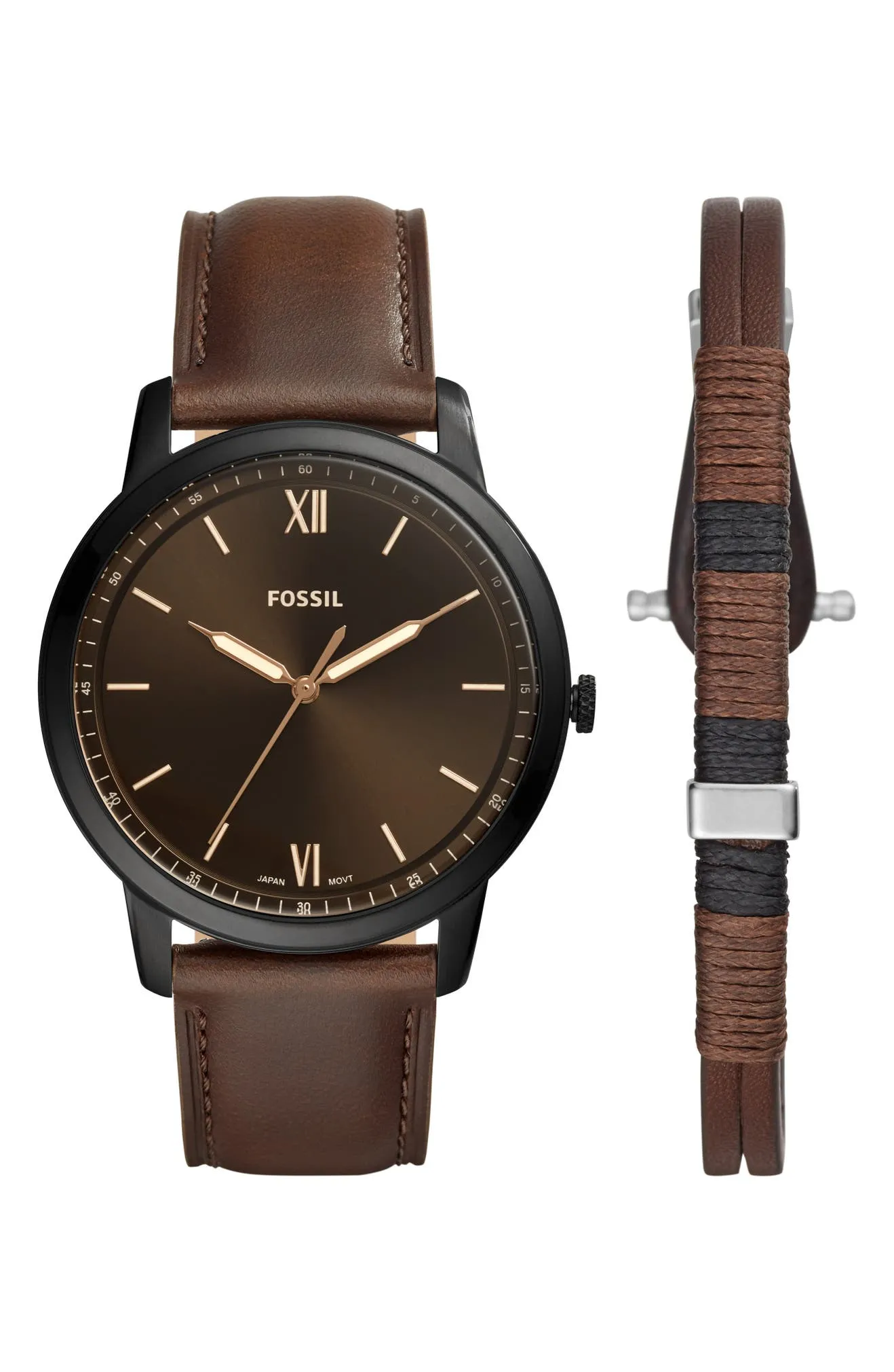 Fossil FS5557SET Minimalist Three-Hand Brown Leather Men Watches Lexor Miami