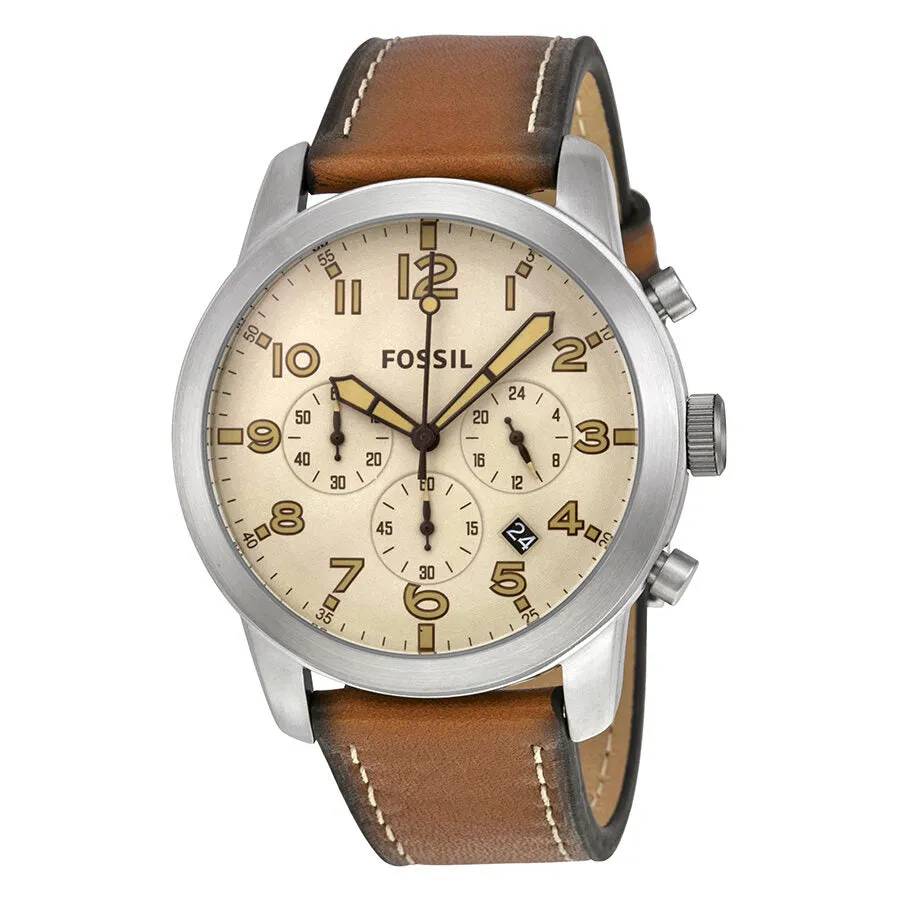 Fossil Pilot 54 Beige Dial Chronograph Leather Strap Men's Watch FS5144