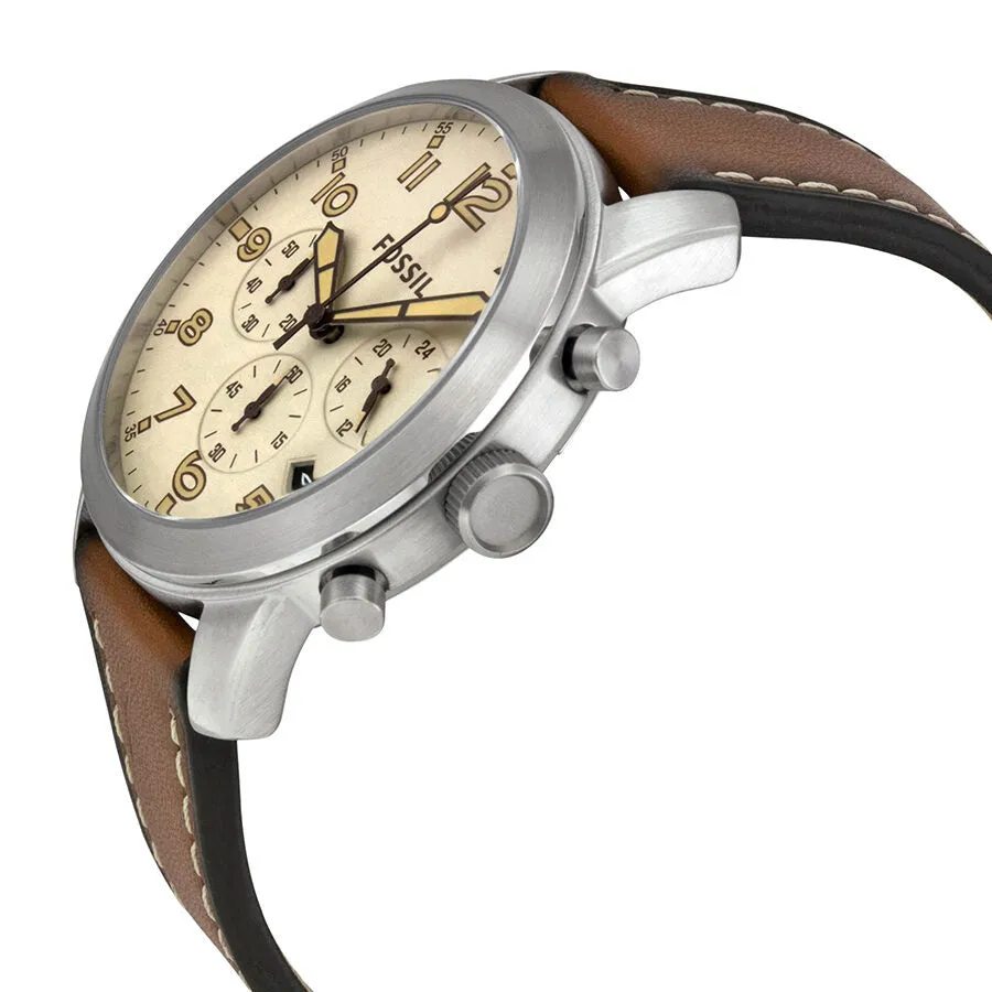 Fossil Pilot 54 Beige Dial Chronograph Leather Strap Men's Watch FS5144