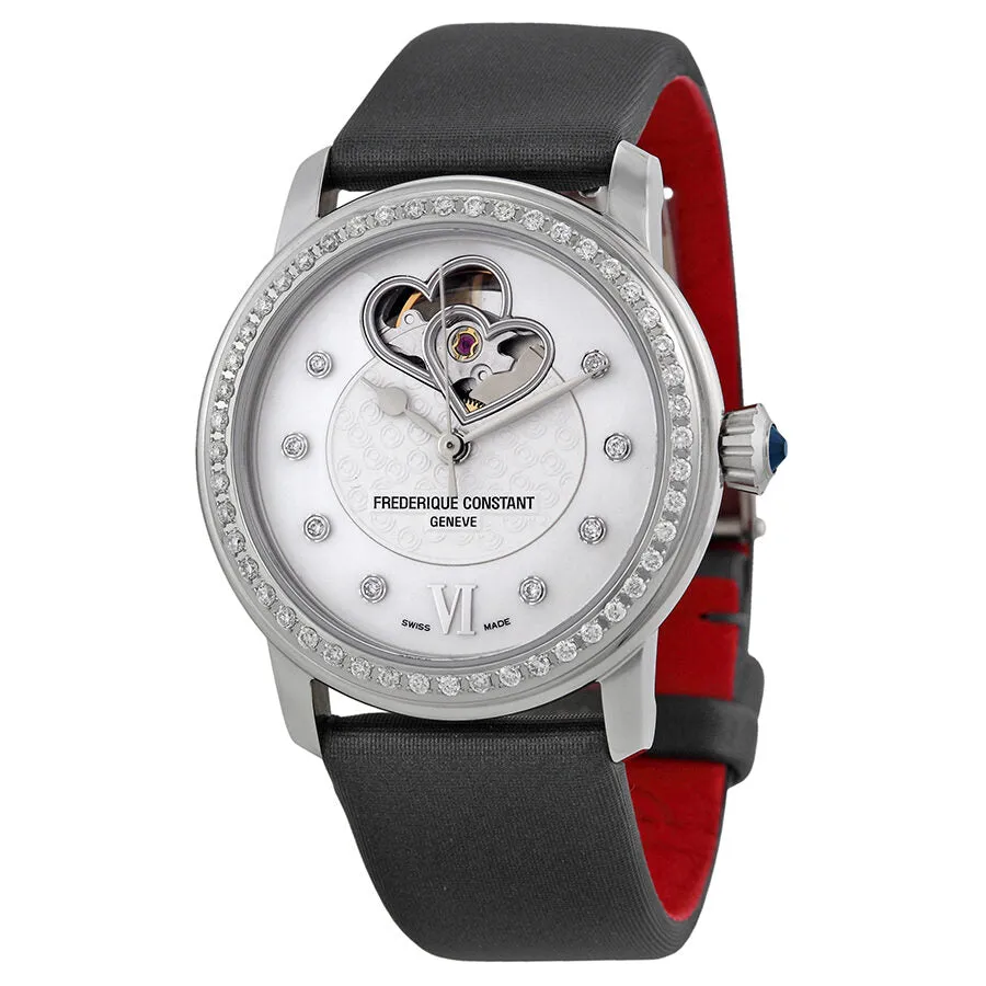 Frederique Constant Heartbeat Automatic Mother of Pearl Black Leather Ladies Watch FC-310WHF2PD6