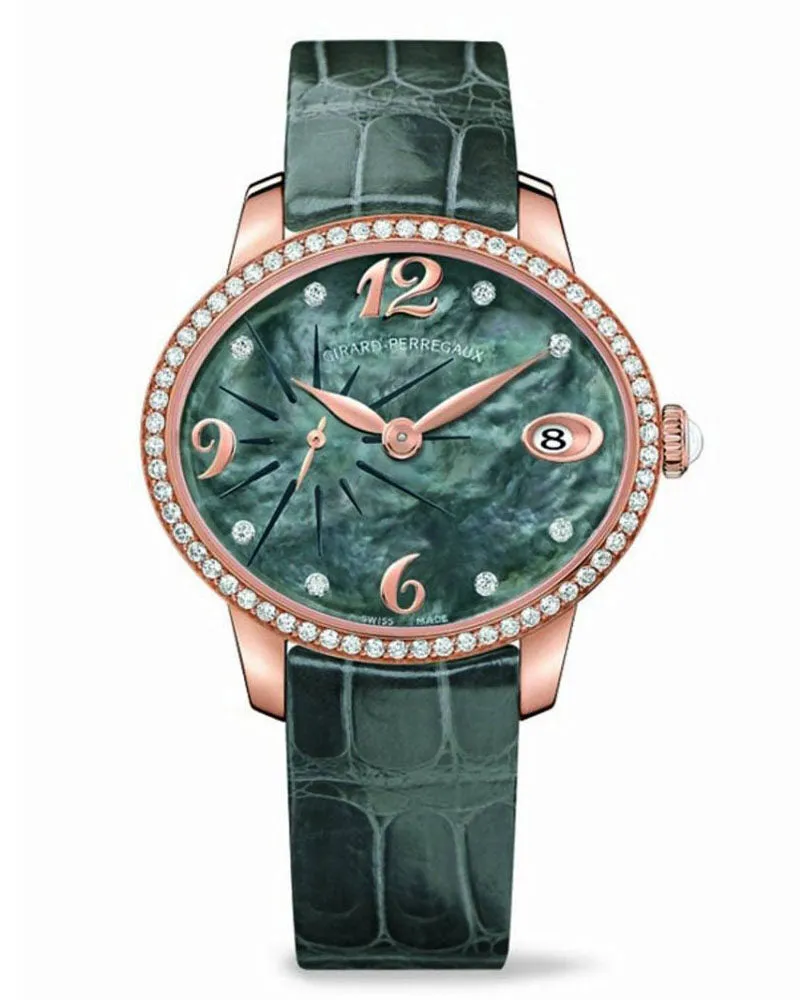 Girard Perregaux Cats Eye Green Mother of Pearl 18kt Rose Gold Diamond Leather Ladies Watch 80484D52A661-BK6A