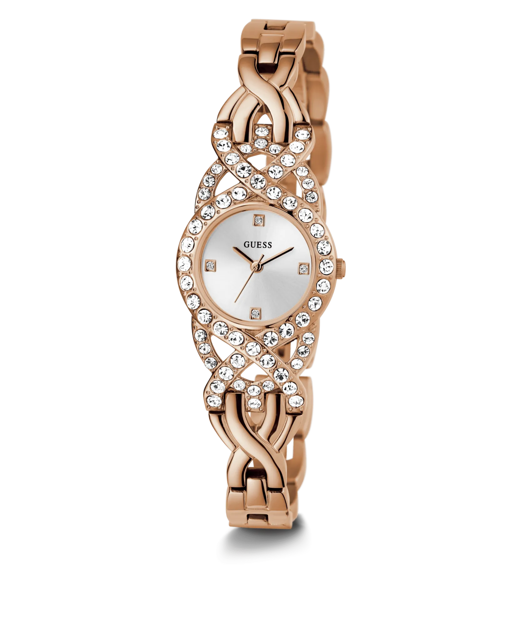 Guess Adorn Polished Rose Gold Tone Case With Crystals Sunray Silver Dial And Polished Rose Gold Tone Bracelet With Adjustable G Links GW0682L3