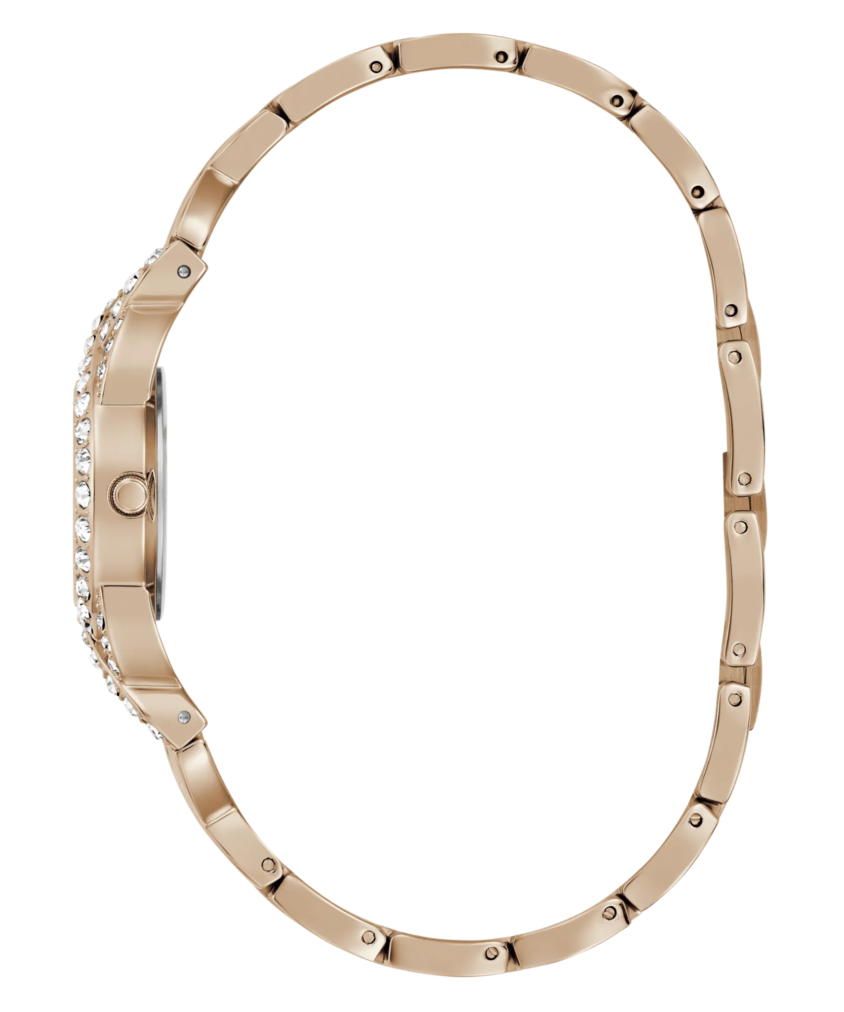 Guess Adorn Polished Rose Gold Tone Case With Crystals Sunray Silver Dial And Polished Rose Gold Tone Bracelet With Adjustable G Links GW0682L3