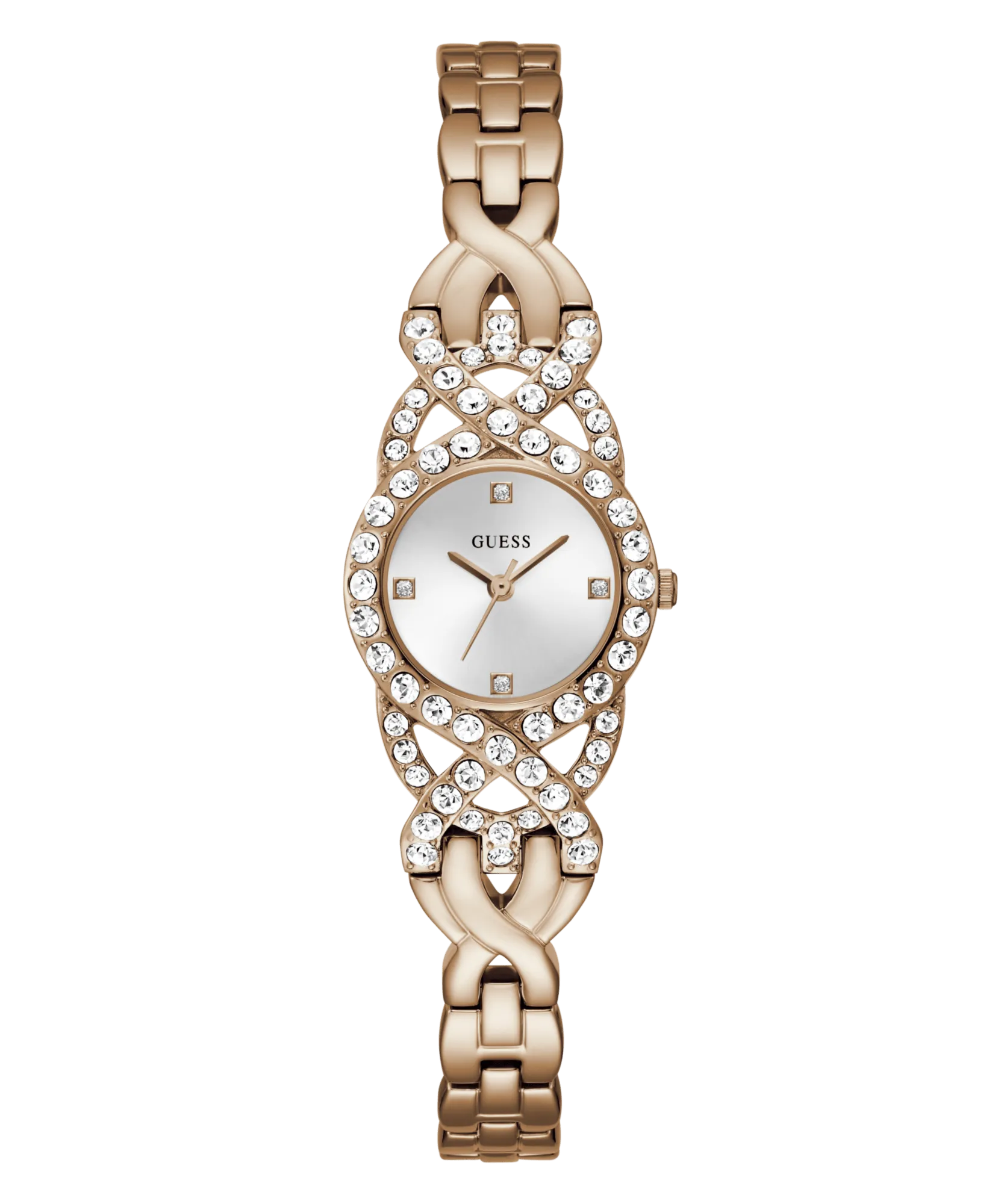 Guess Adorn Polished Rose Gold Tone Case With Crystals Sunray Silver Dial And Polished Rose Gold Tone Bracelet With Adjustable G Links GW0682L3