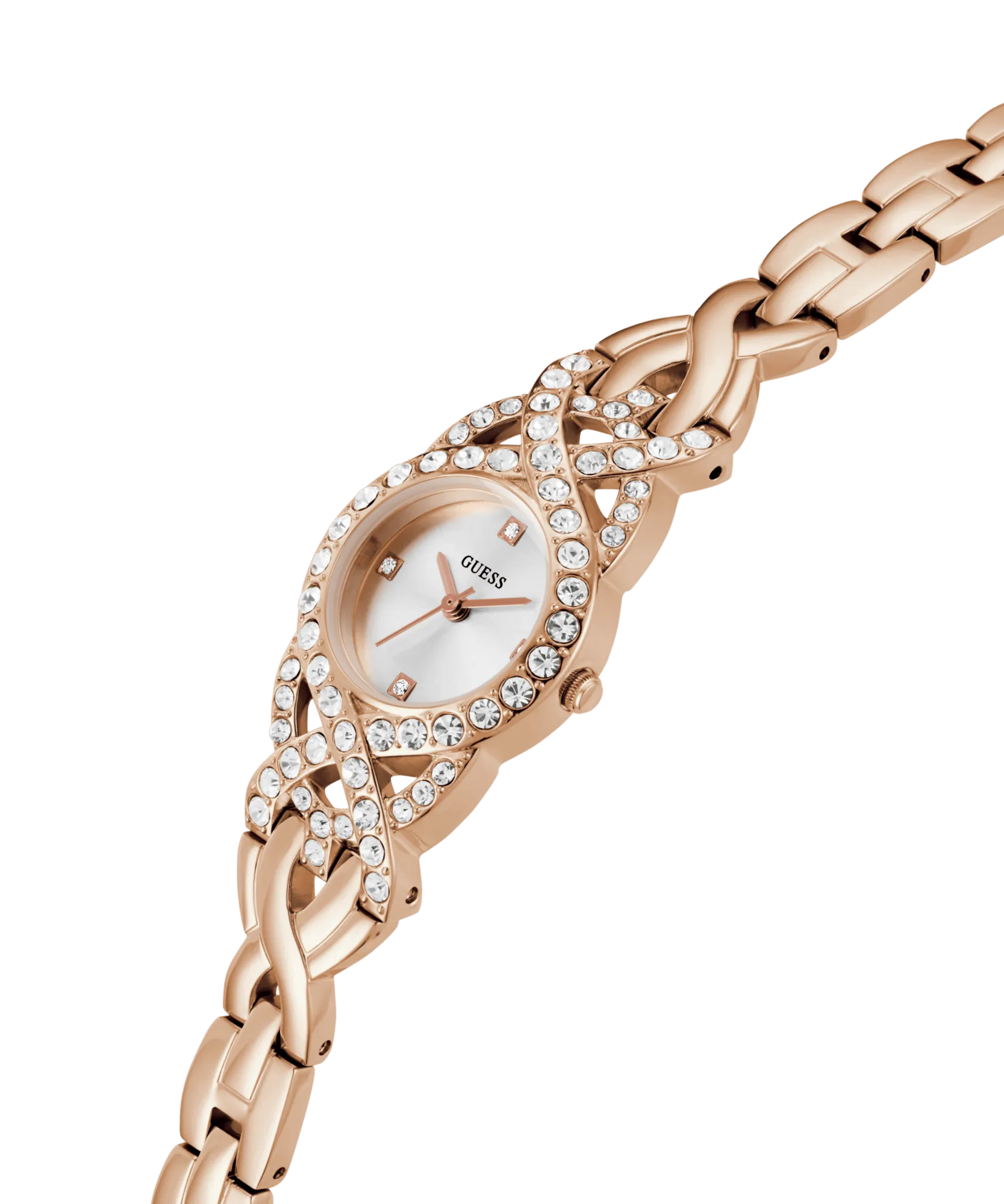 Guess Adorn Polished Rose Gold Tone Case With Crystals Sunray Silver Dial And Polished Rose Gold Tone Bracelet With Adjustable G Links GW0682L3