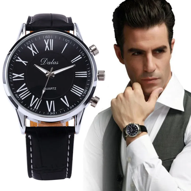 New Luxury Mens Quartz Watches Faux Leather Band Designer Wrist Watch Men Black Leather Band Men Watches Casual Watches