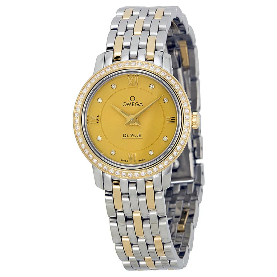 Omega De Ville Prestige Champagne Diamond Dial Steel and Yellow Gold Ladies Watch 42425246058001 424.25.24.60.58.001