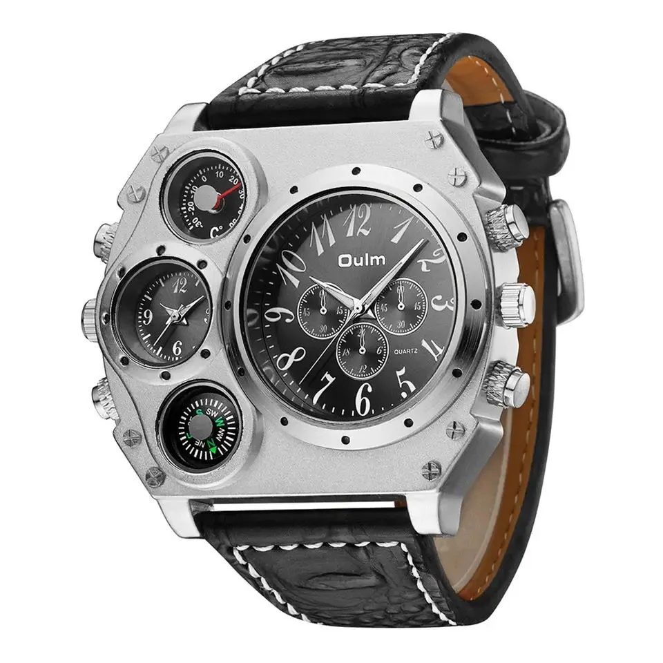 Oulm Men Watches Military Watches Men Two Time Zones Quartz Sports Watches Compass Thermometer Decoration relogio masculino W210509