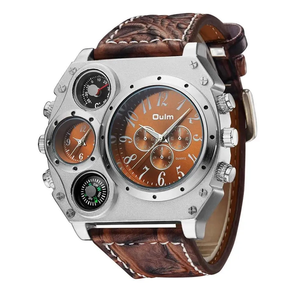 Oulm Men Watches Military Watches Men Two Time Zones Quartz Sports Watches Compass Thermometer Decoration relogio masculino W210509