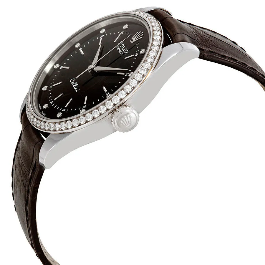 Rolex Cellini Time Black Diamond Dial Ladies Alligator Leather Watch 50709BKDL