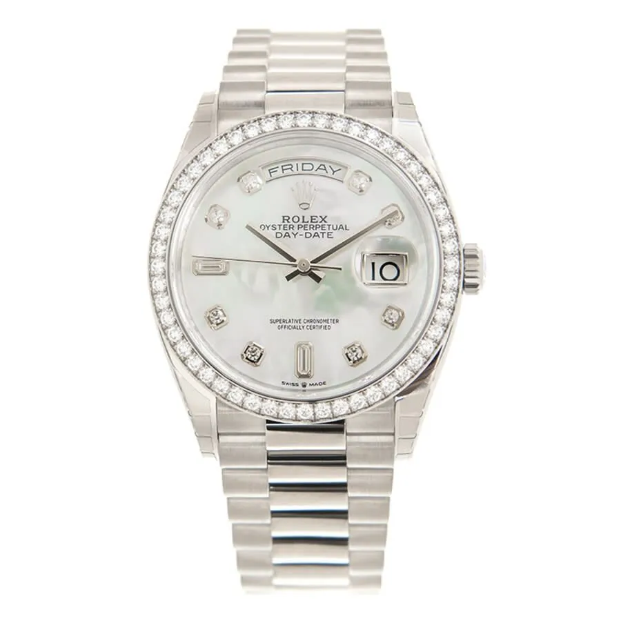 Rolex Day-Date 36 Mother of Pearl Diamond Dial 18kt White Gold President Watch 128349MDP