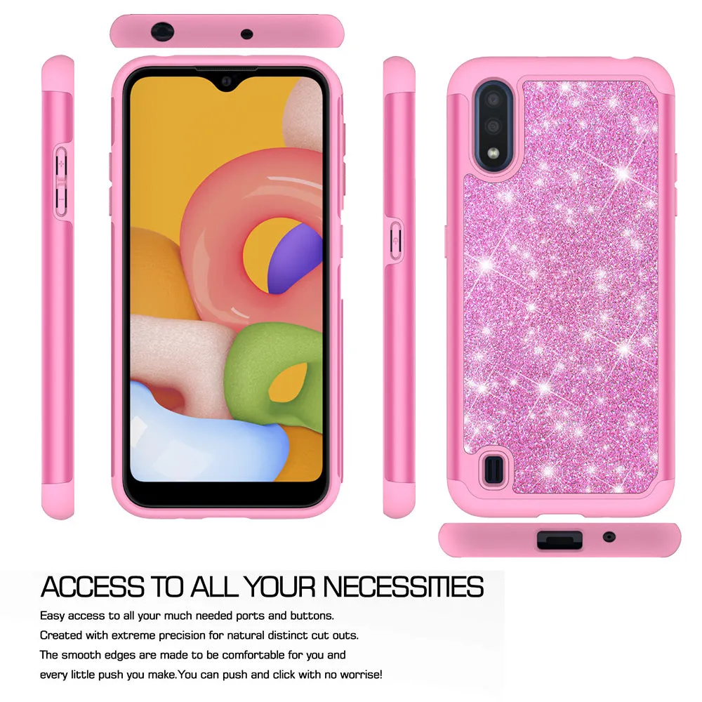 Samsung Galaxy A01 Case, Glitter Bling Heavy Duty Shock Proof Hybrid Case with [HD Screen Protector] Dual Layer Protective Phone Case Cover for Samsung Galaxy A01 - Hot Pink