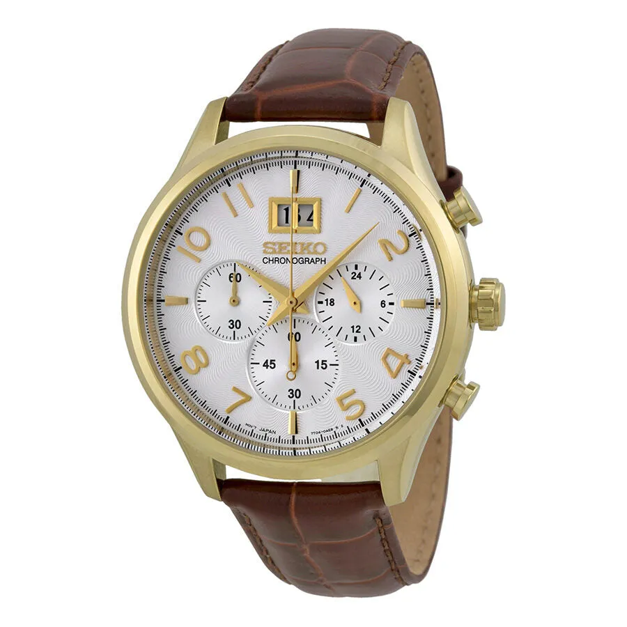 Seiko Chronograph Silver Dial Brown Leather Men's Watch SPC088