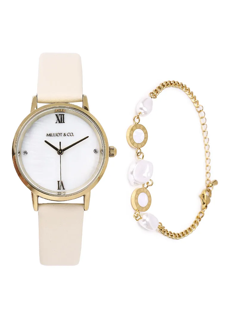Shireen Gold Leather Watch with Bracelet Set  (White)